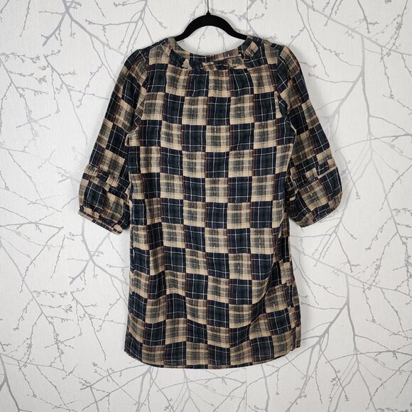 Naf Naf Beige Plaid Cotton Pleated Front V-Neck Tunic Dress - Picture 9 of 9